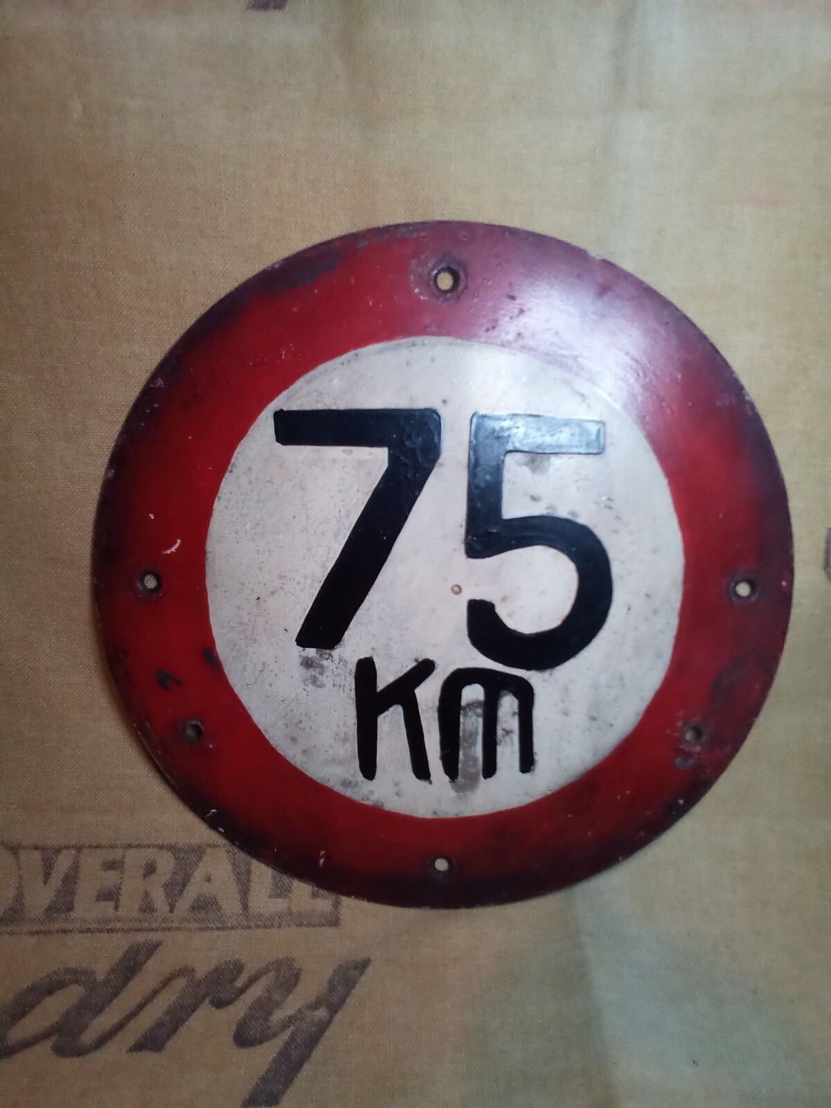 Antique 75 km/h Sign Autobahn German Speed Limit Europe Red, black and white.