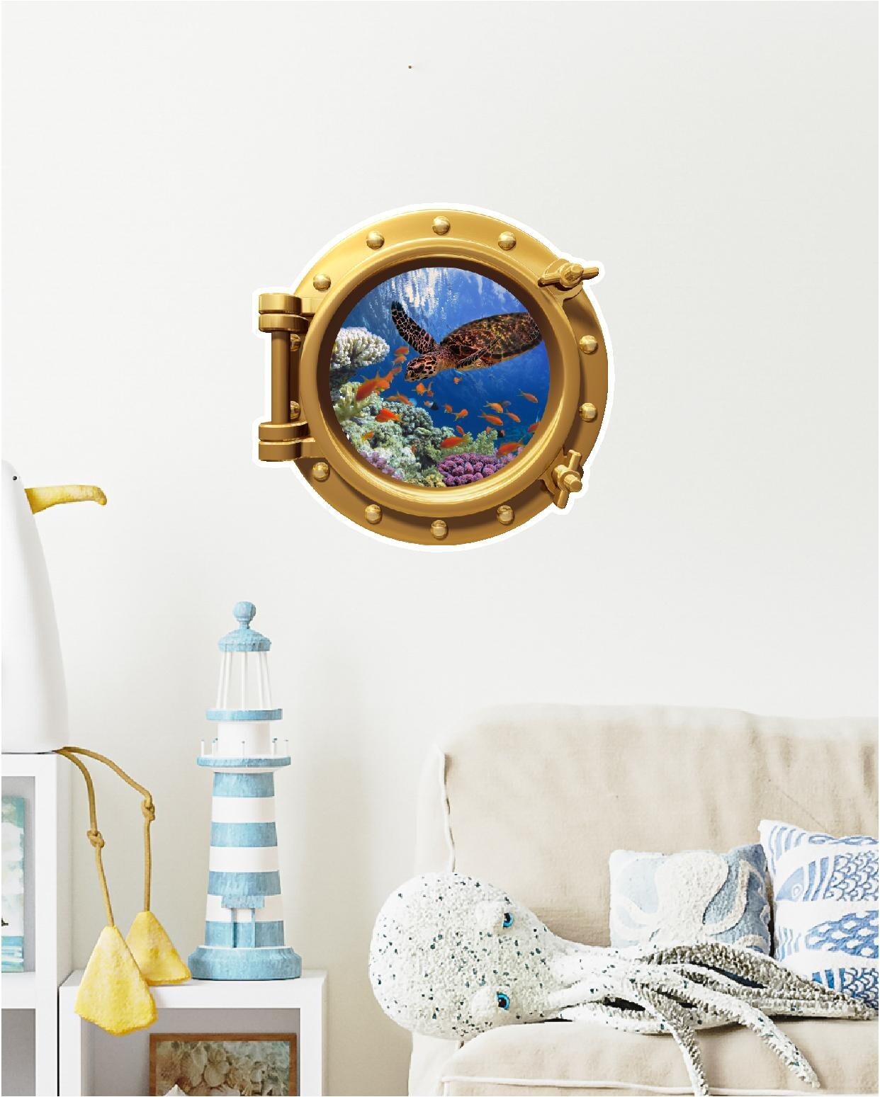 Ocean Coral Reef Turtle Fish Porthole Sticker Cute Decal Sea Beach Theme 16"x16"