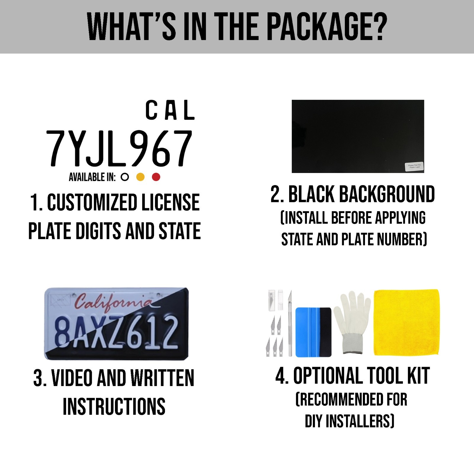 California CA Motorcycle Plate Wrap DIY Kit White, Yellow Red Reflective
