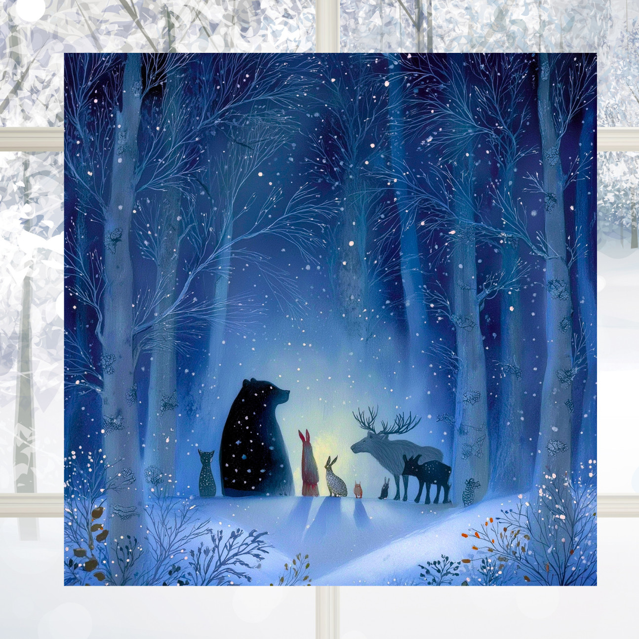 Woodland Animals on Snowy Winter Night WINDOW CLING Size 8" Vinyl