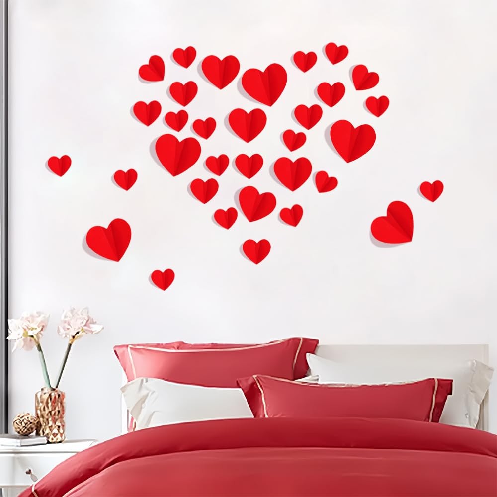 100 PCS 3D Heart Valentines Day Wall Stickers,Waterproof Removable Heart Wall…