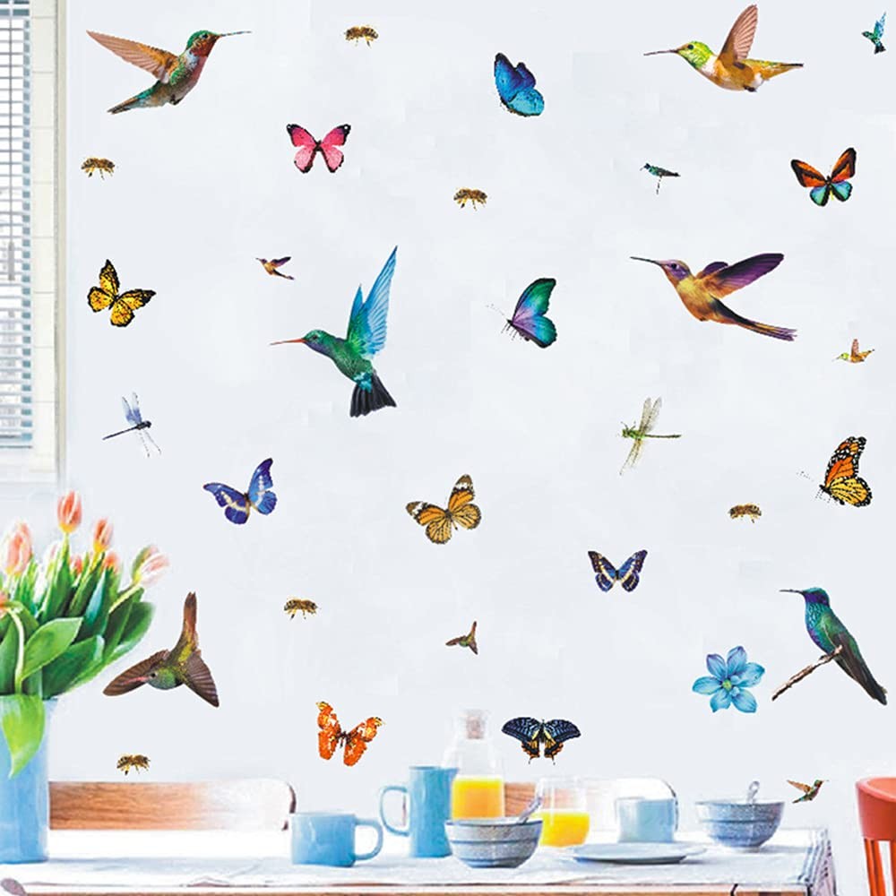 32Pcs Watercolor Butterfly and Hummingbird Stickers, Bee Dragonfly Flower Wall