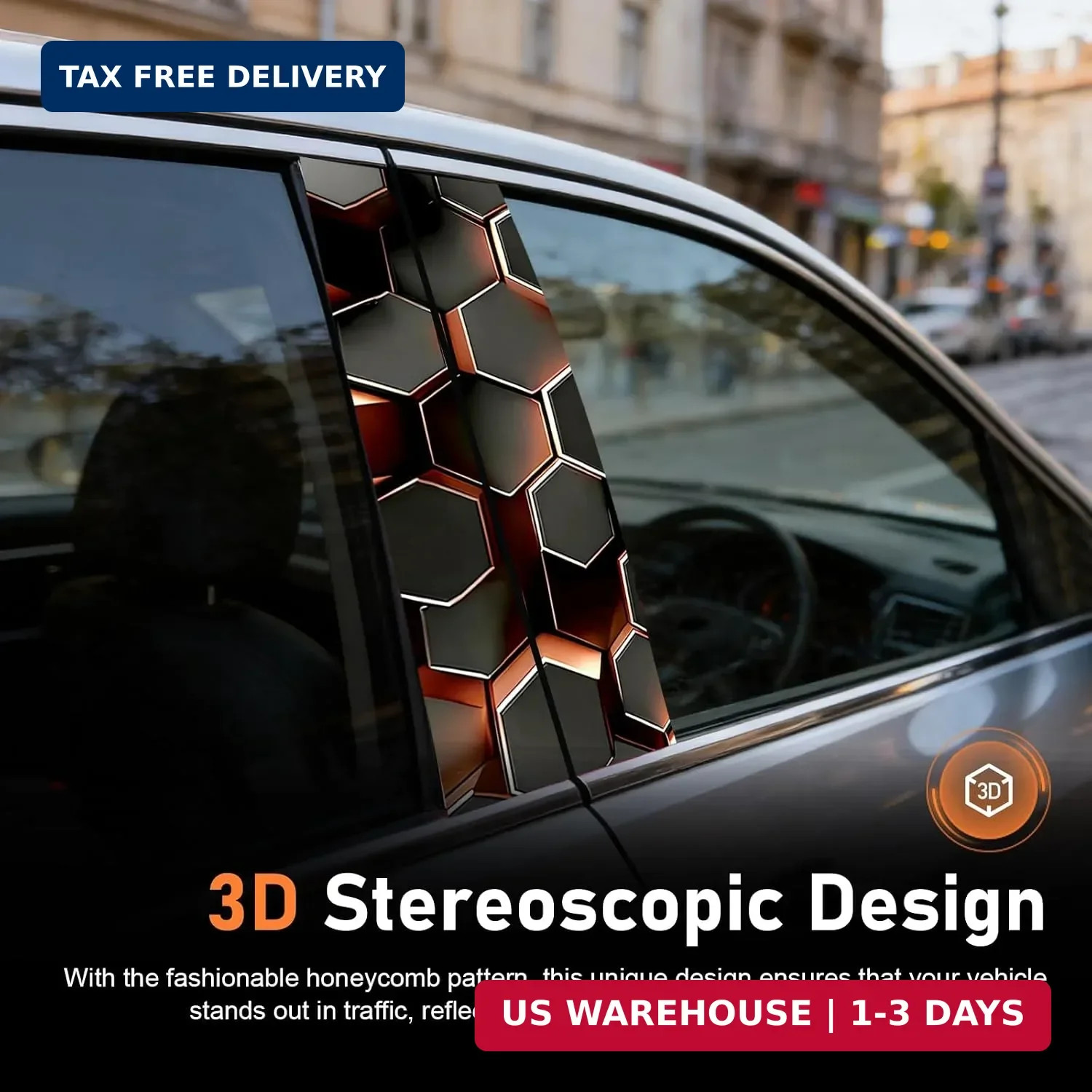 2 PCS Honeycomb Car B-Pillar Vinyl Decals, HD Printed Hexagon Door Pillar Sticke