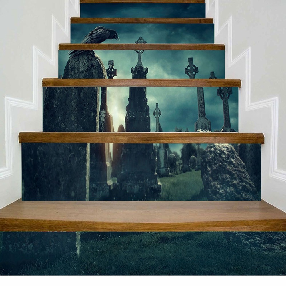 Halloween 3D Waterproof Stair Wall Crow Tombstone Stickers Home Party Decora FFW