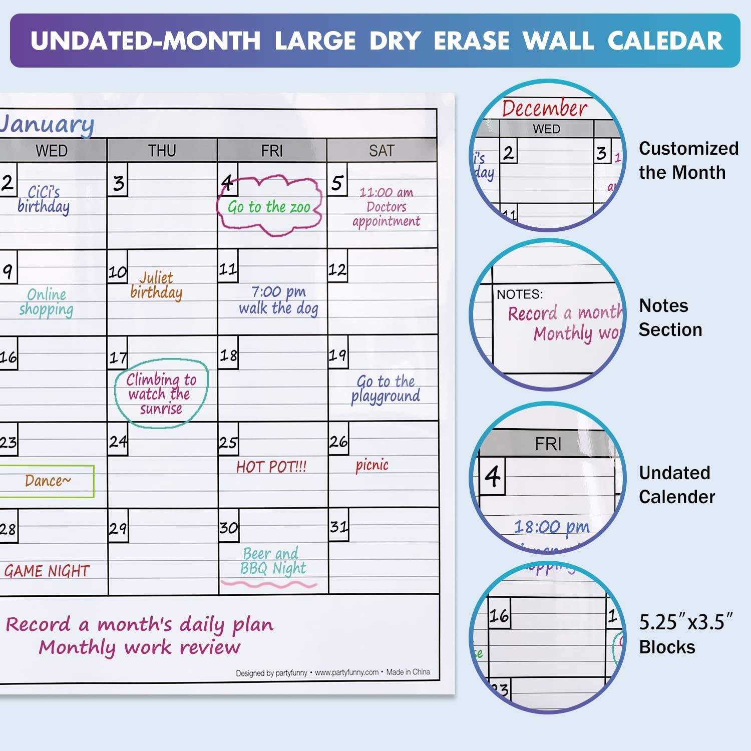 Dry Erase Monthly Extra Large White board Calendar for Wall, 25" by 38", Jumb…