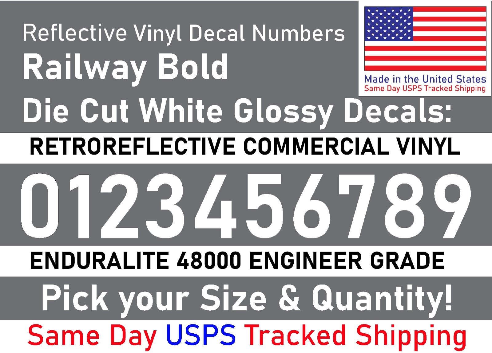 0-10 1"-5" Your Size Vinyl Reflective Decal Sticker Numbers (White), Made in USA