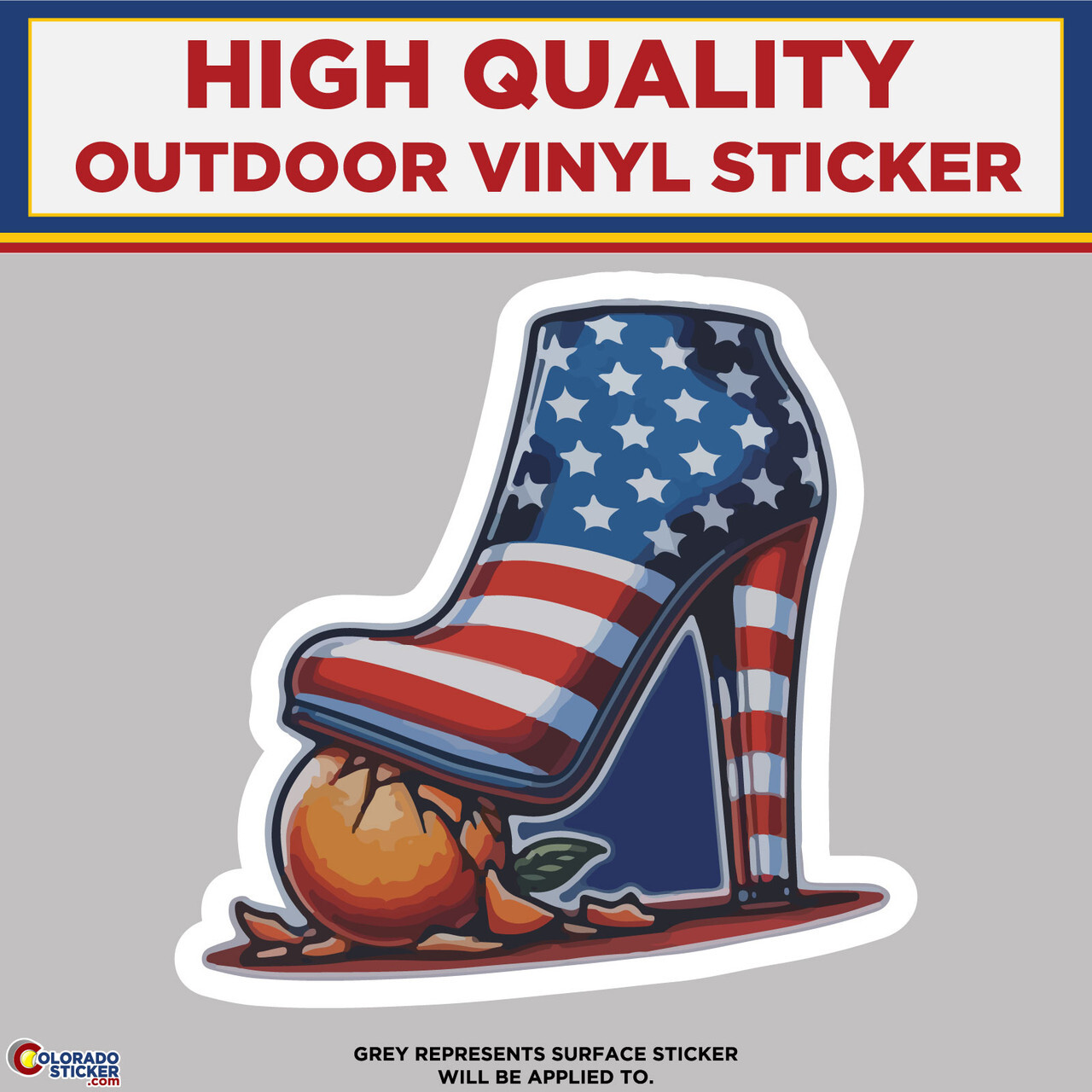 US Flag High Heel Shoe Squishing Orange, High Quality Vinyl Stickers