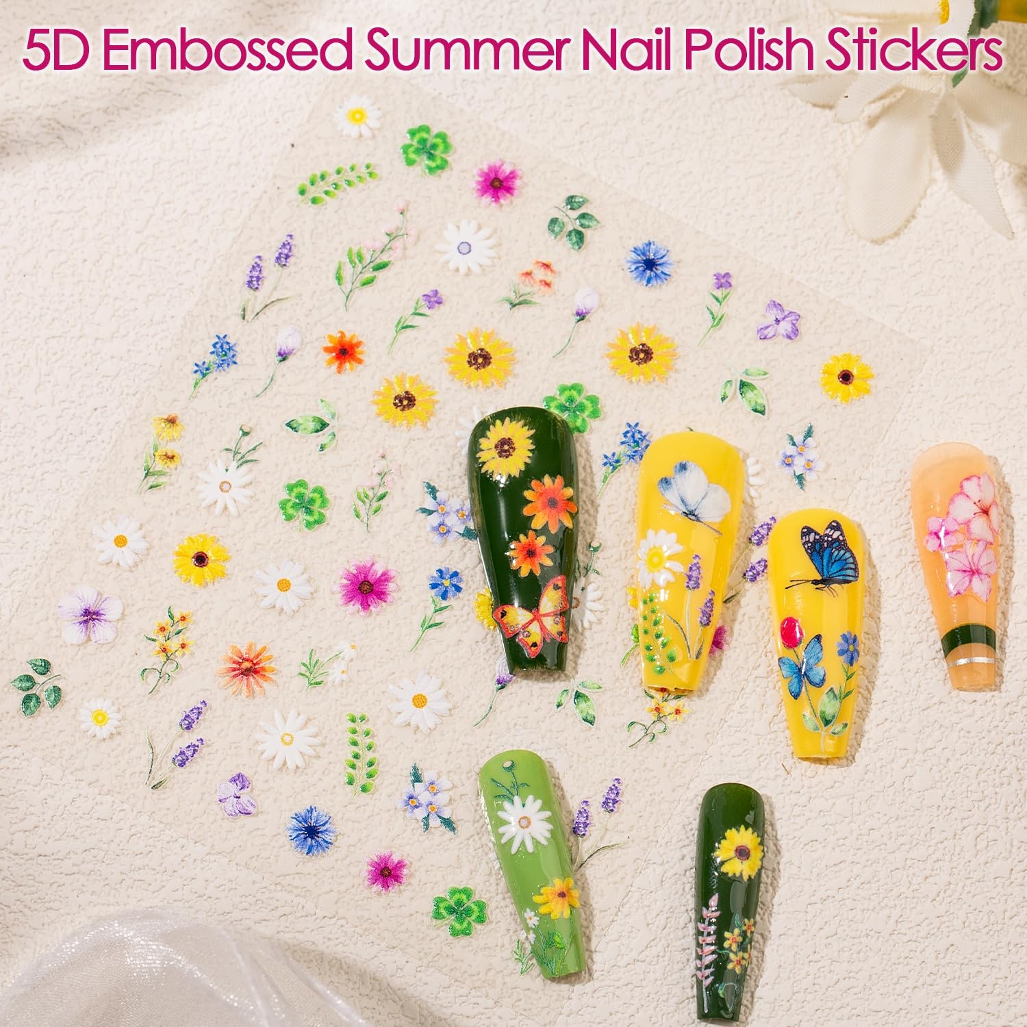 Gel Nail Stickers for Art: 5D Embossed Summer Flower Large, Colourful
