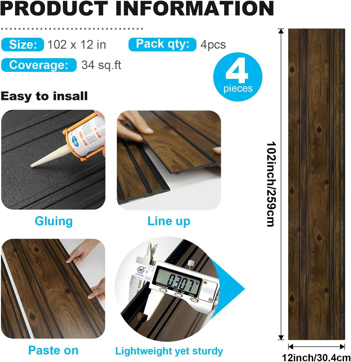 4-Pack Glue-On Wall Panels, Wood Grain Texture Interior Wall Decor, 104"X12" Rec