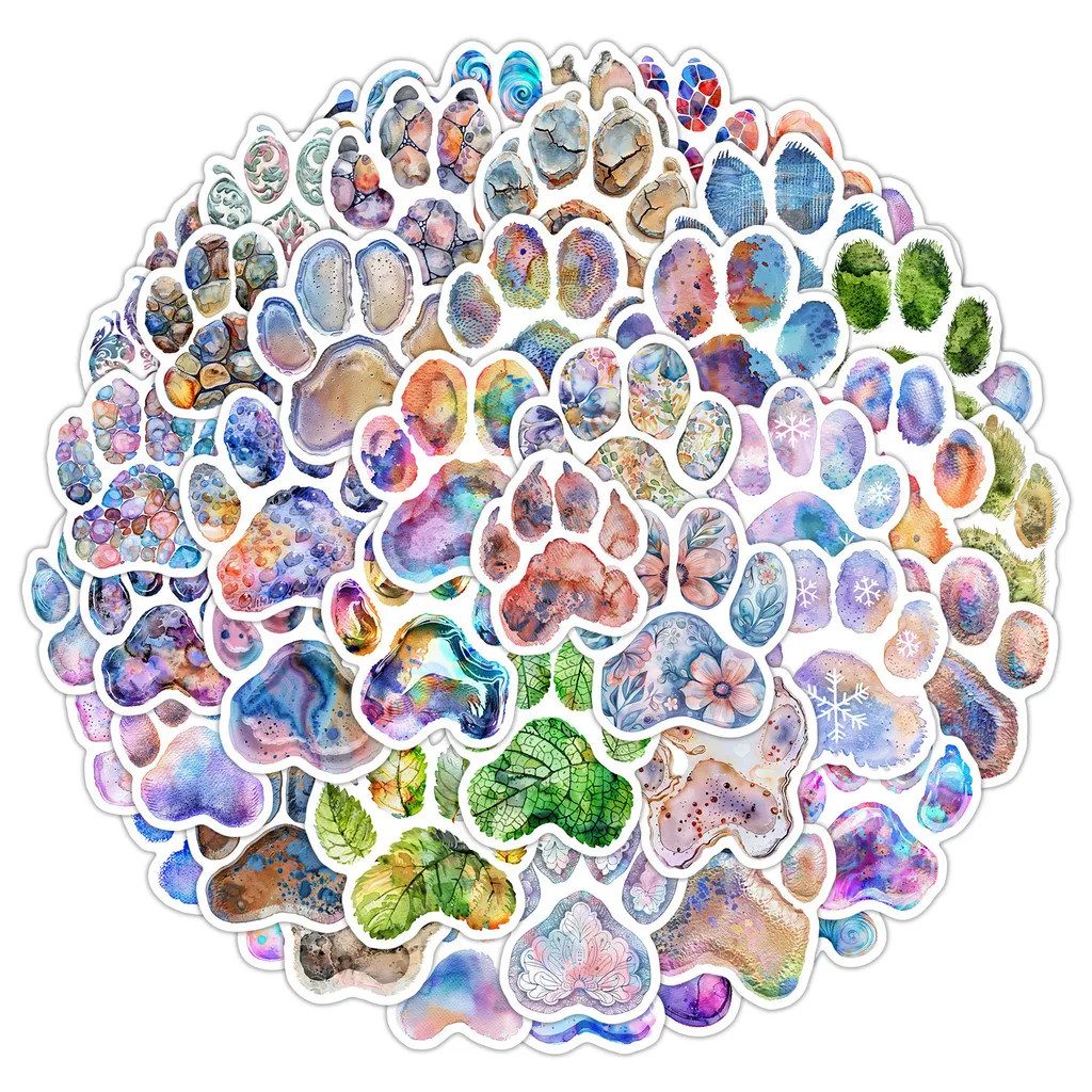 50PCS Watercolor Paw Print Graffiti Stickers – Cartoon Cat Footprint Decor for W