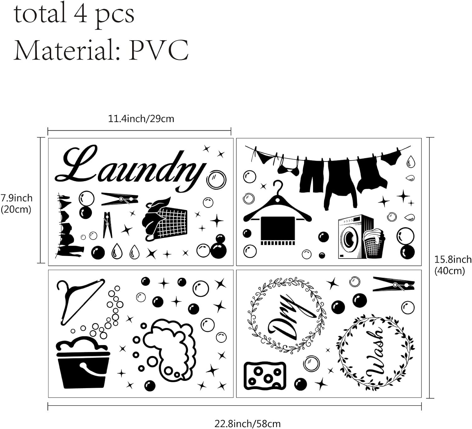 4Pcs Laundry Room Vinyl Wall Decals Wash Dry Quote Washing Machine Dryer Wall St