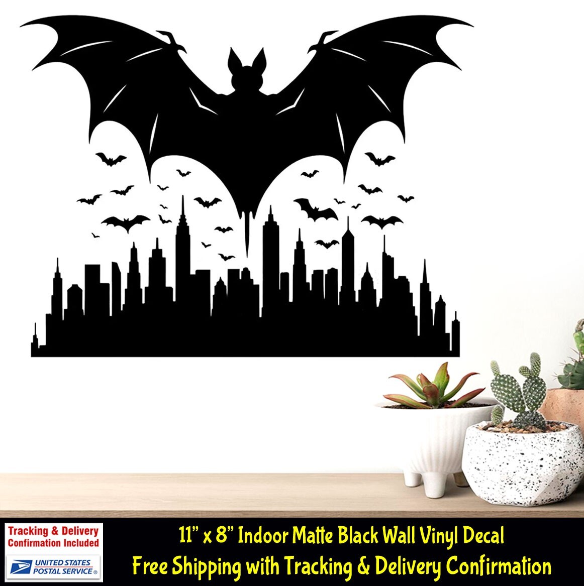 Bats Flying Cityscape Scene Indoor Removable Black Vinyl Decal Wall Door Mirror