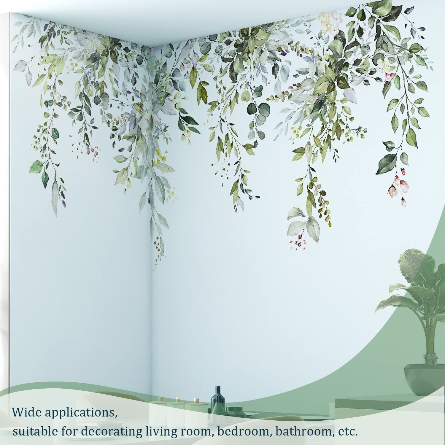 Green Plants Leaves Wall Decals Peel and Stick, Large Floral Flowers Wall Sticke