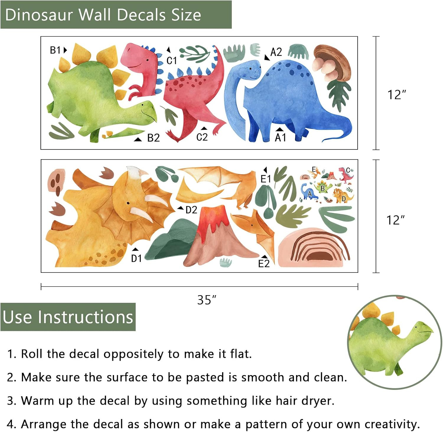 Baby Dinosaur Wall Decals Stickers, Dino Volcano Cave Neutral Nursery Toddler…