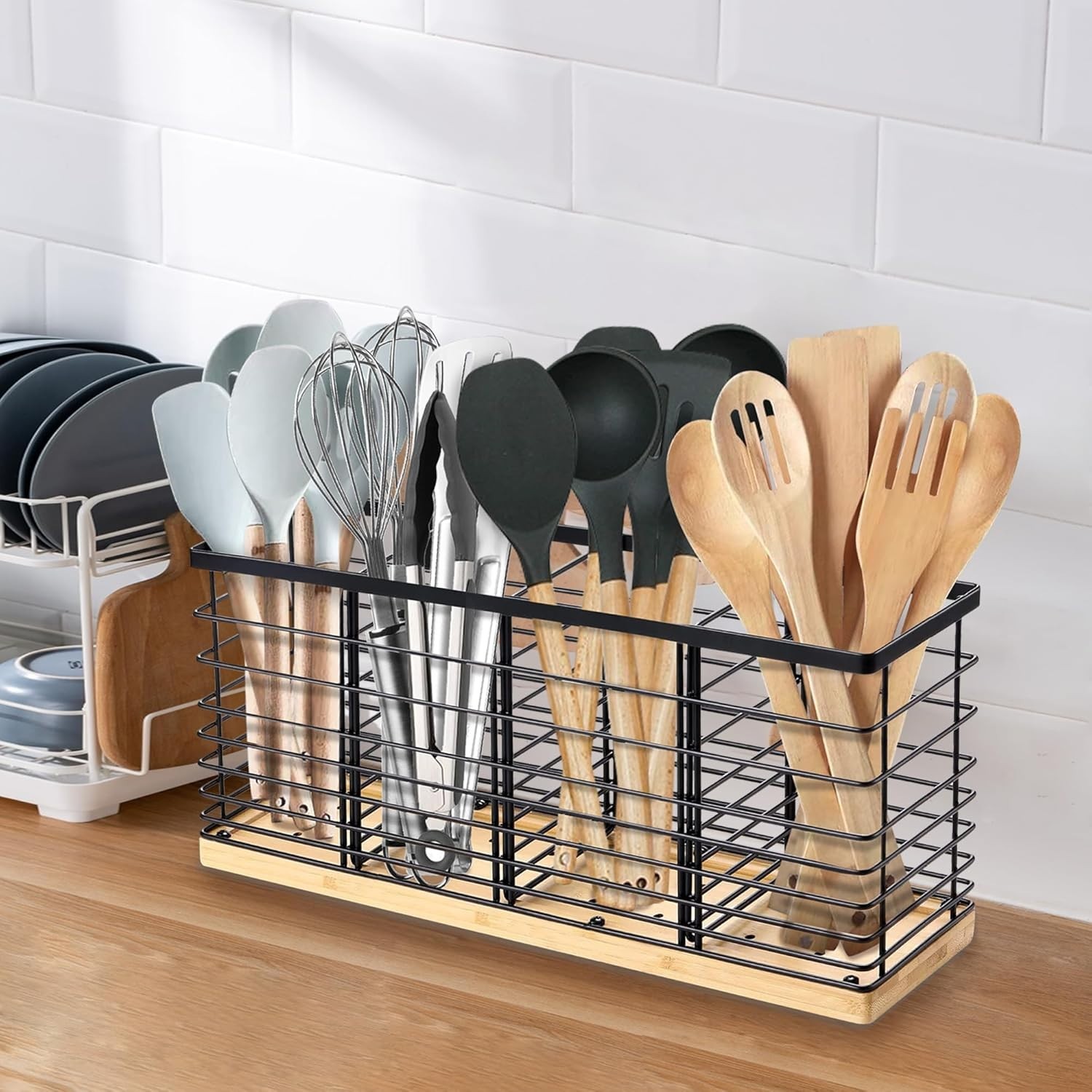 Extra Large Kitchen Utensil Holder with 4 Compartments，Matte Black Metal holder