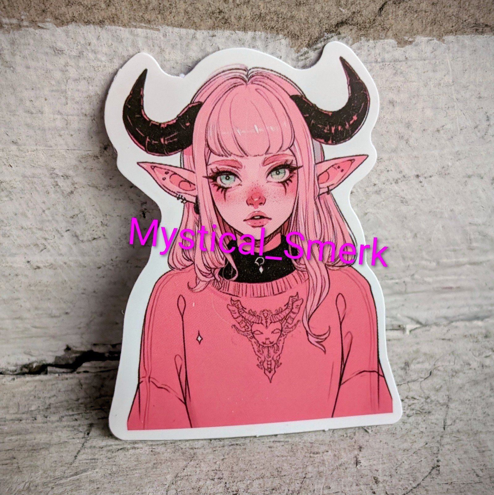 Haunted Doll Active Spirit Demon Girl With Horns Cool Sweater Pink Sticker 1 Pc