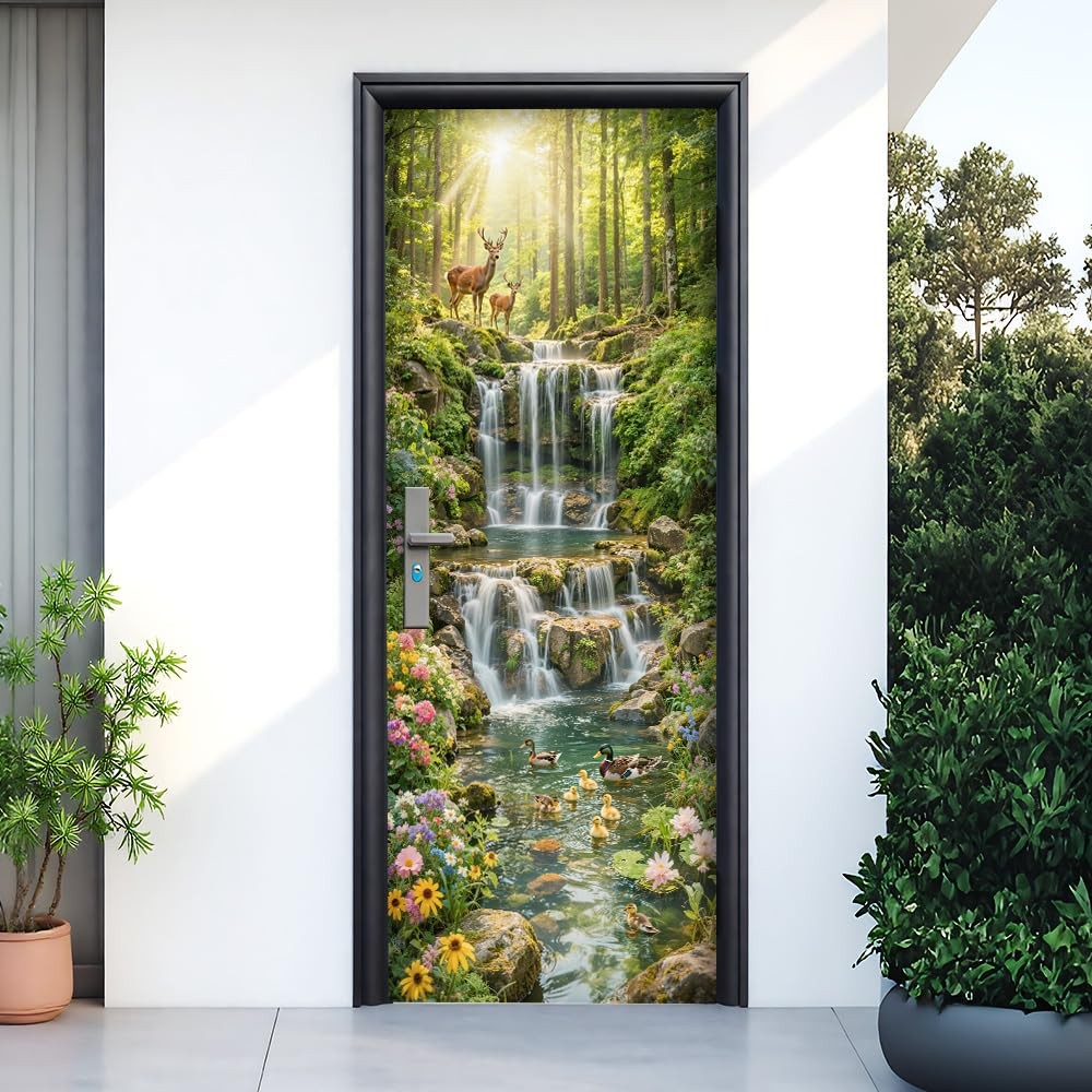Spring Forest Waterfall Door Mural, Peel and Stick Door Covers Decorative, Na…