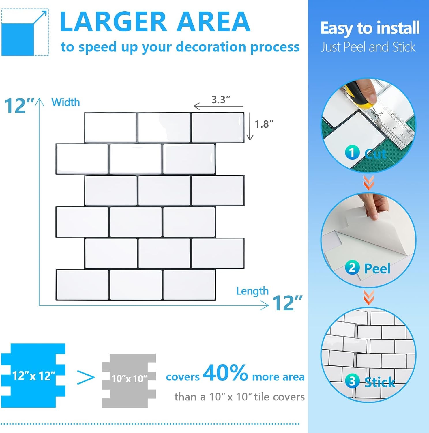 STICKGOO 10-Sheet Peel and Stick Backsplash, Cold White With Black Grout
