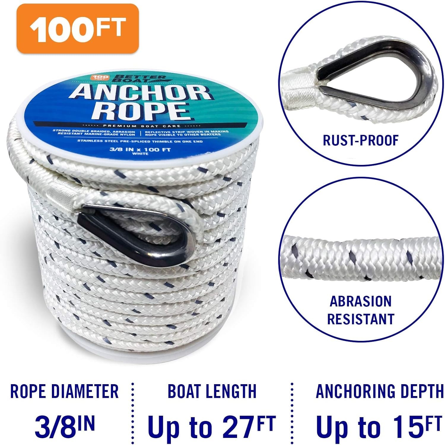 Premium Boat Anchor Rope, 100 Ft Double Braided Blue Nylon Marine Line, 3/8 Inch