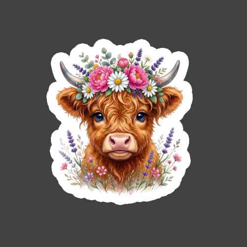 Highland Cow Sticker Vinyl Decal Floral Crown Farm Animal Cottagecore Art
