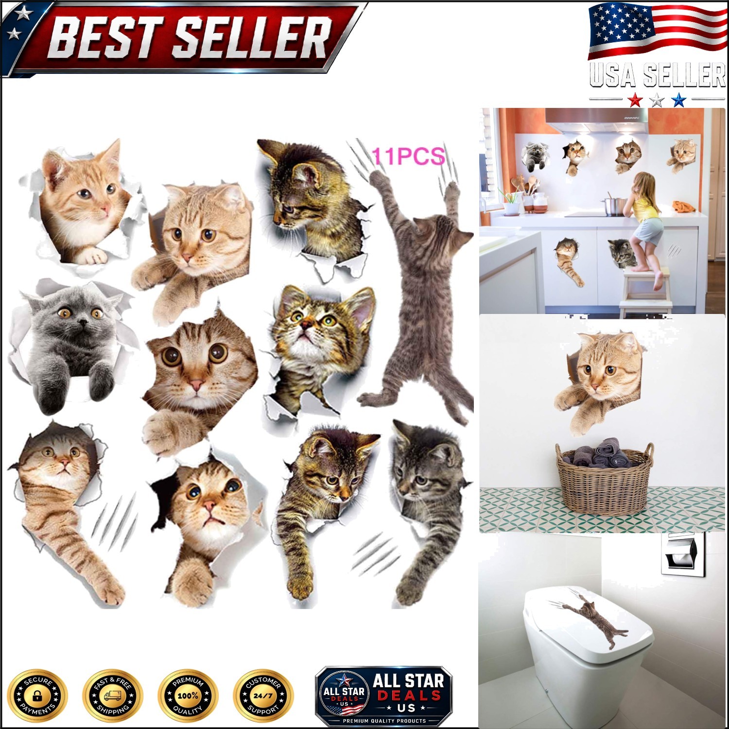 Cute 3D Cartoon Cat Wall Stickers – Easy Peel Vinyl Decor for Kids' Rooms