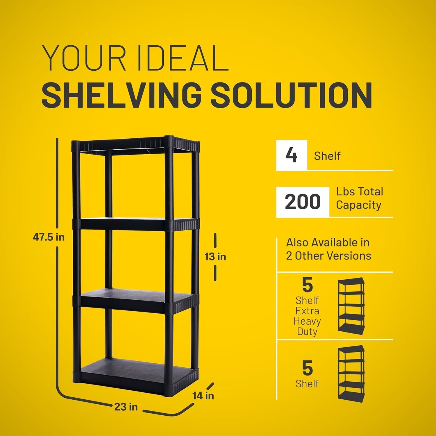 4-Shelf Plastic Storage Shelves, 48” X 23” X 14”, 200Lb Capacity, Pantry, Office