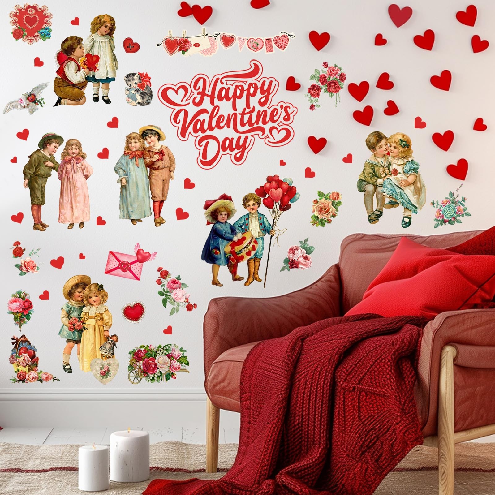 9 Sheets Valentine's Day Wall Decals Vintage Victorian People Rose Heart Wall St