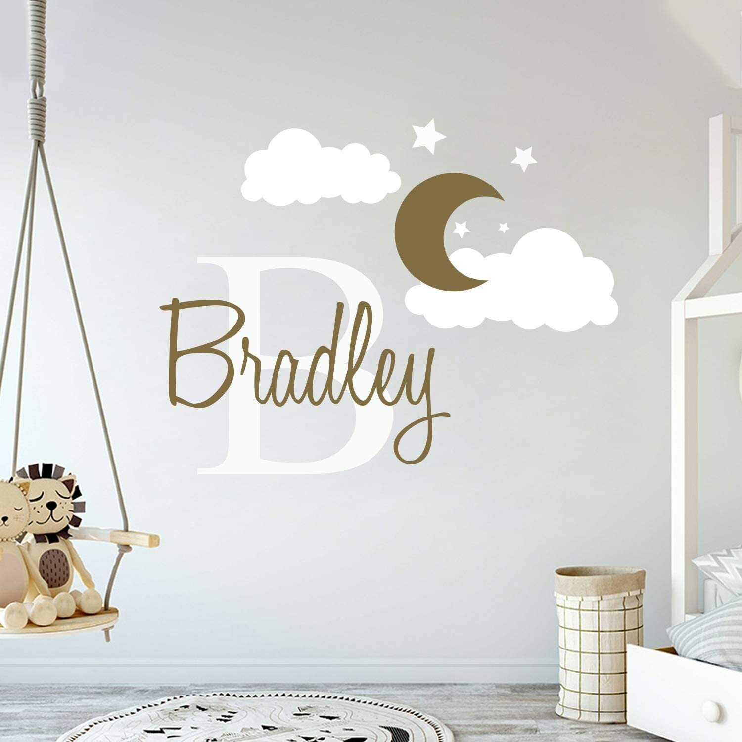 Customize Your Name & Initial Moon Clouds Stars – Baby Boy – Nursery Wall Decal