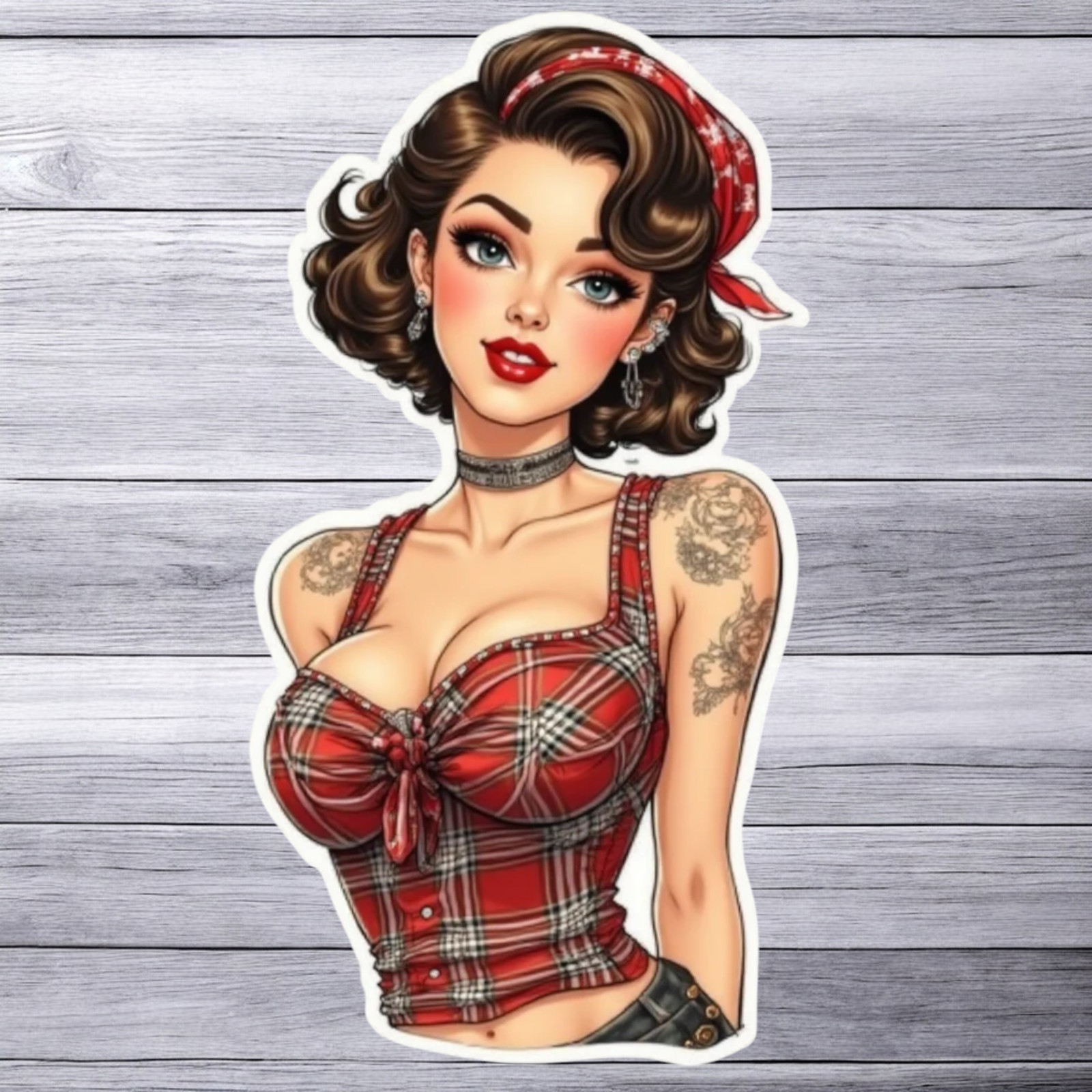 Pinup girl sticker vinyl decal retro plaid pinup girl with tattoos sexy style