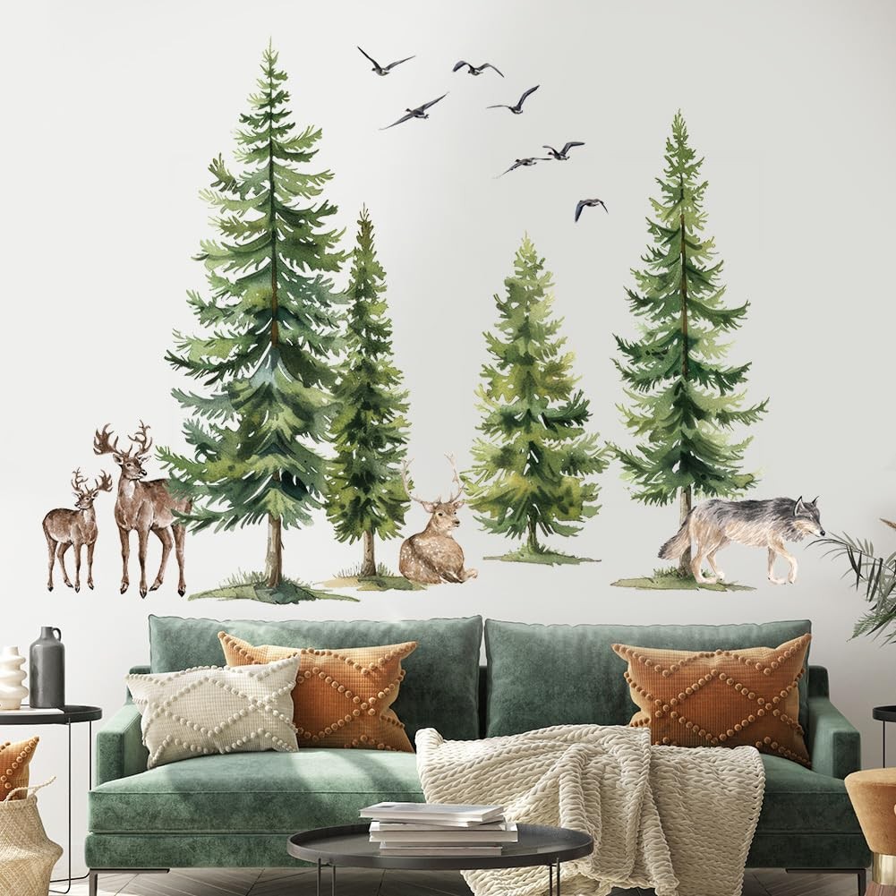 Green Pine Tree Wall Sticker Woodland Animals Wall Decal Peel and Stick Fores…