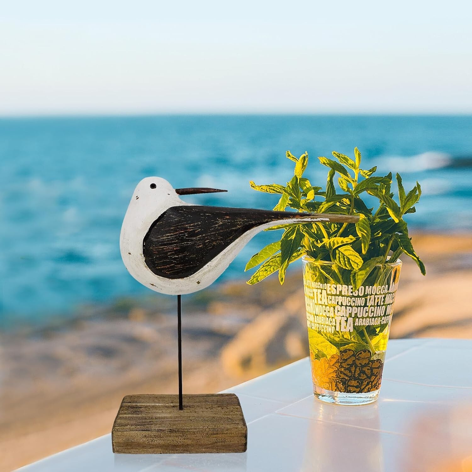 Wooden Sea Bird Statue Seagull On Stand Decor Nautical Coastal Birds Sculpture