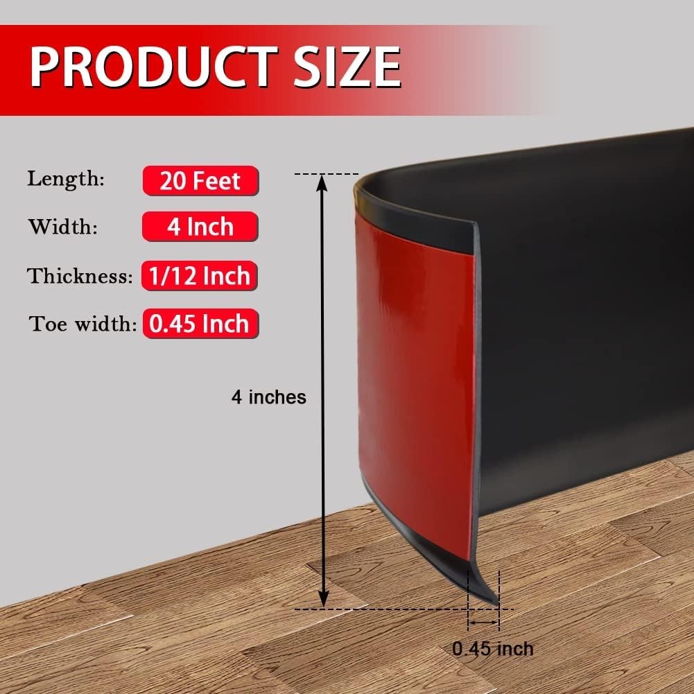 Black Vinyl Baseboard Trim 4" x 20' – Self-Adhesive and Flexible Design