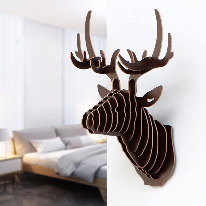 Portrait Hanging Deer Head Wall Art – Rustic Wooden Puzzle for Home Decor