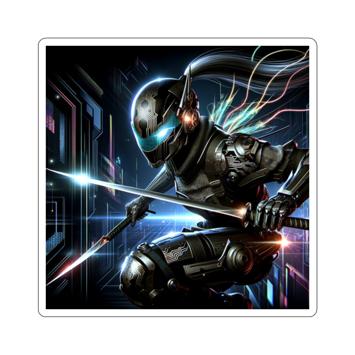 Sticker Cyber Huntress Futuristic Digital Artwork 2×2 3×3 4×4 6×6