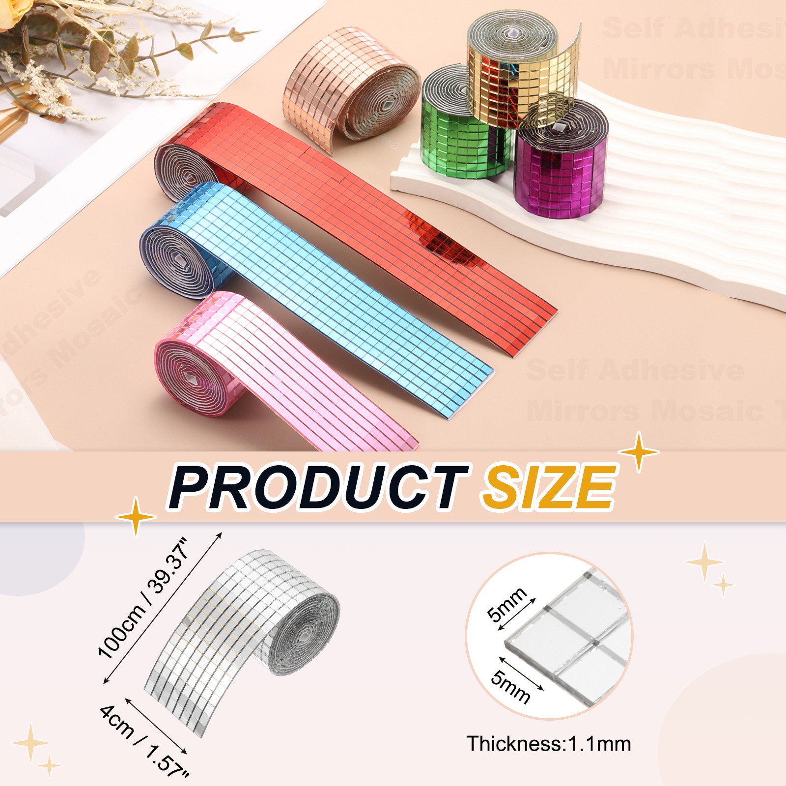 5x5mm Self Adhesive Mirrors Mosaic Tiles, 3840 Pcs Mosaic Sticker, Silver Tone