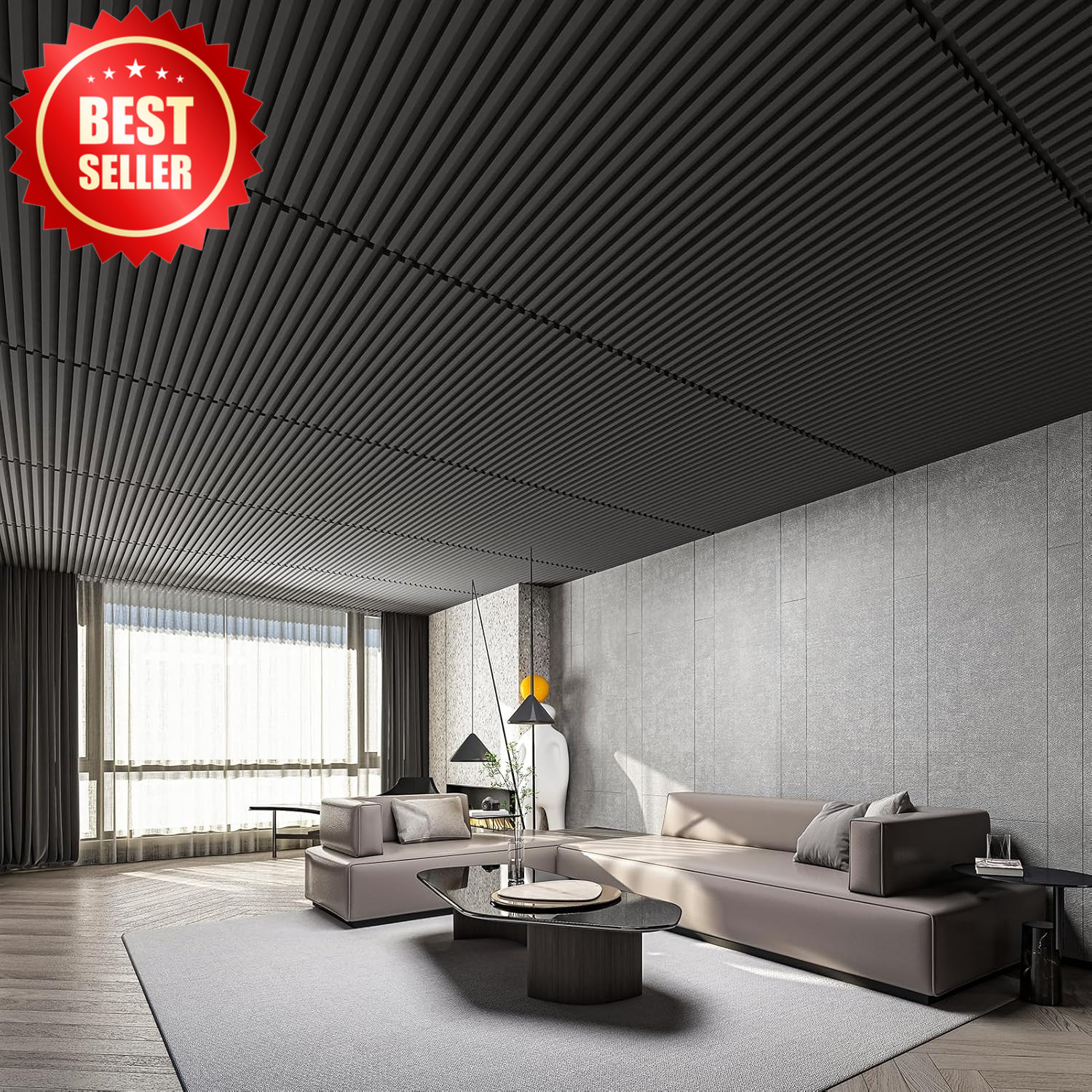 6 Pack Slat Design 3D Wall Panel 2×4 FT PVC Decorative Ceiling Tile Black US