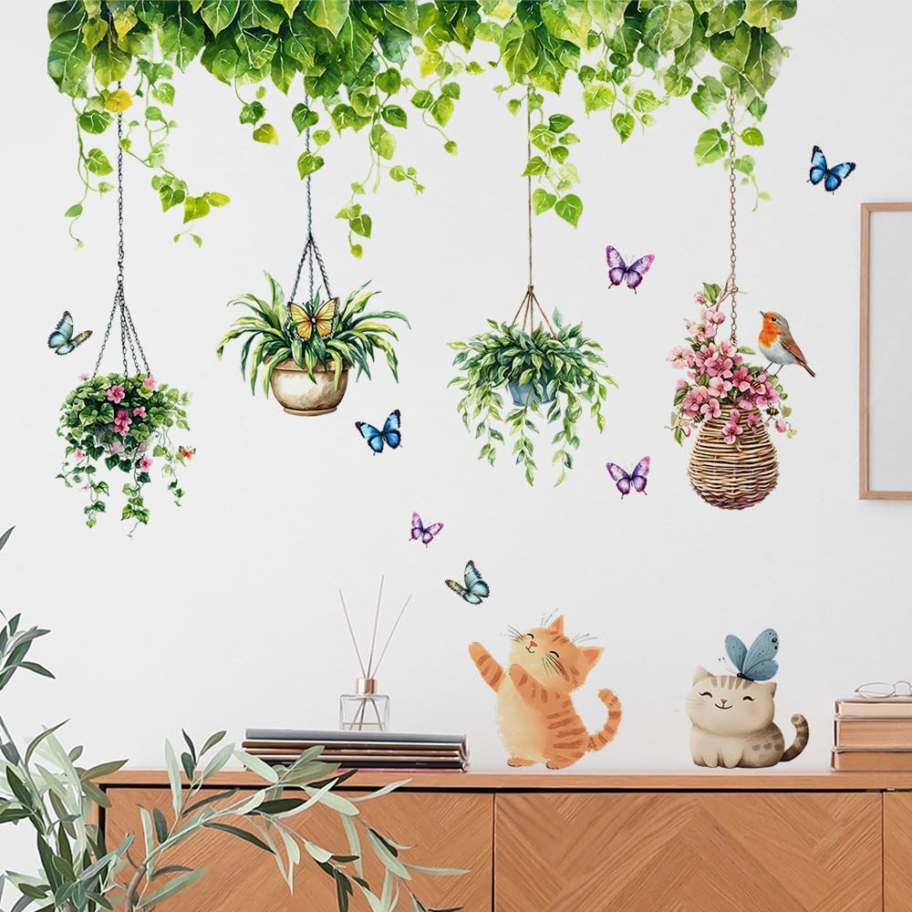 iMagitek Hanging Plants Wall Decals Garden Butterfly with Cat Bird Wall Stick…