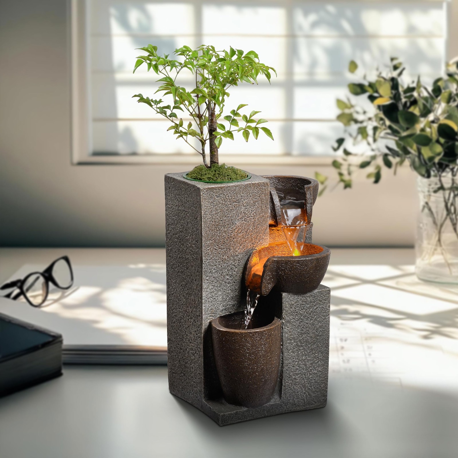 Resin Tabletop Waterfall Fountain with LED Light & Plant Pot, Indoor Desk Wat…