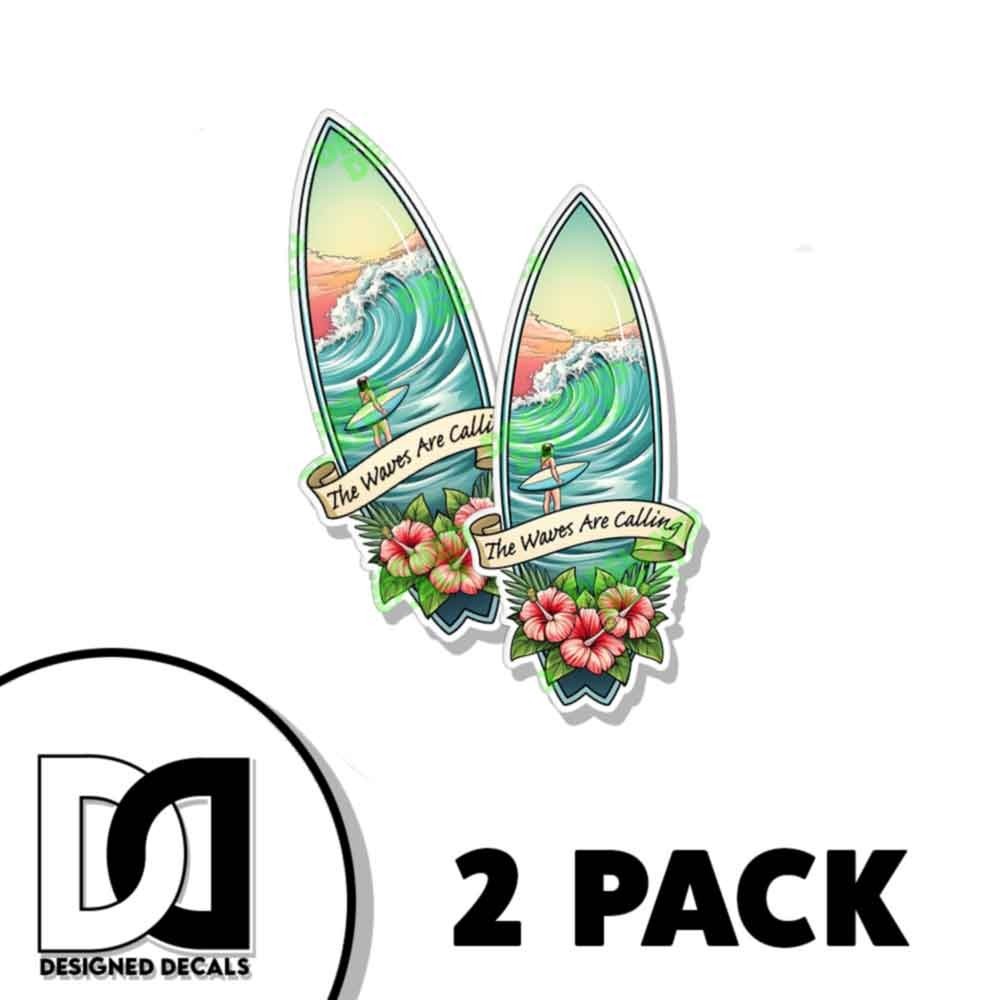 Hawaiian The Waves Are Calling Tropical Surf Board Sticker Decal Sticker 2 PACK