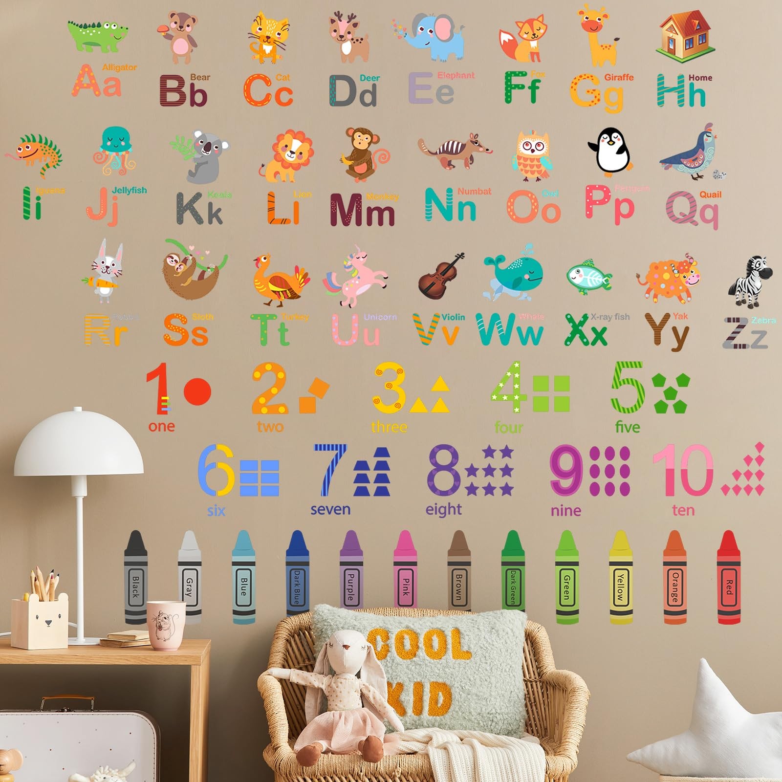 Animals Alphabet Numbers Wall Decals for Kids Room Colouring Pencils Wall Sti…