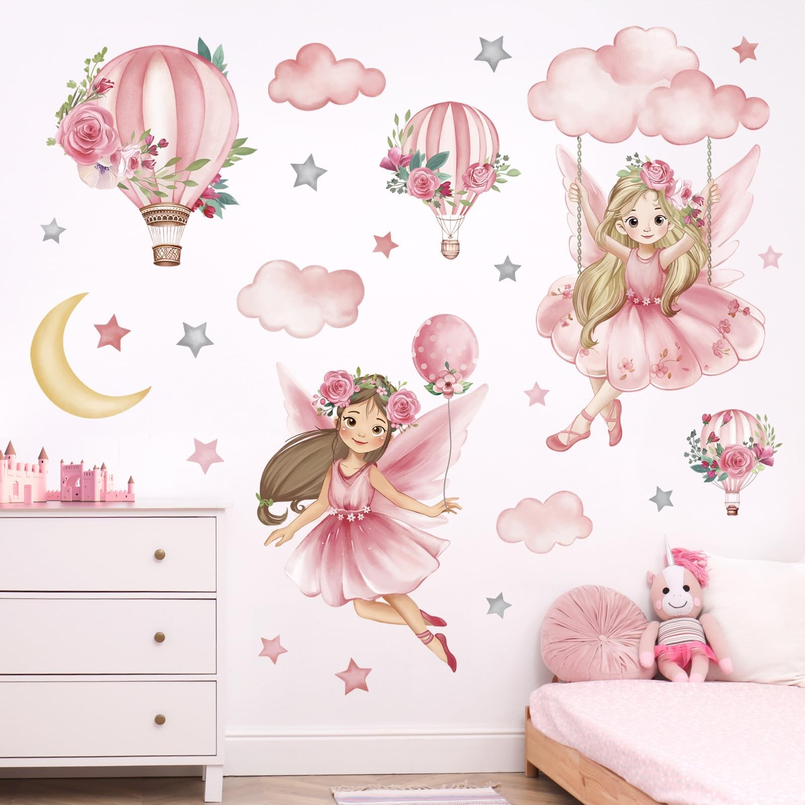 Pink Fairy on Swing Wall Stickers Girl Hot Balloon Flowers Peel and Stick Wal…