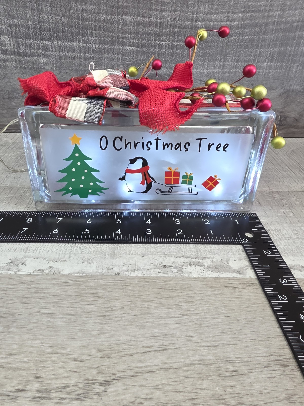 Handcrafted Christmas Penguin Glass Block 8x4x3" Lights Up O Christmas Tree g50