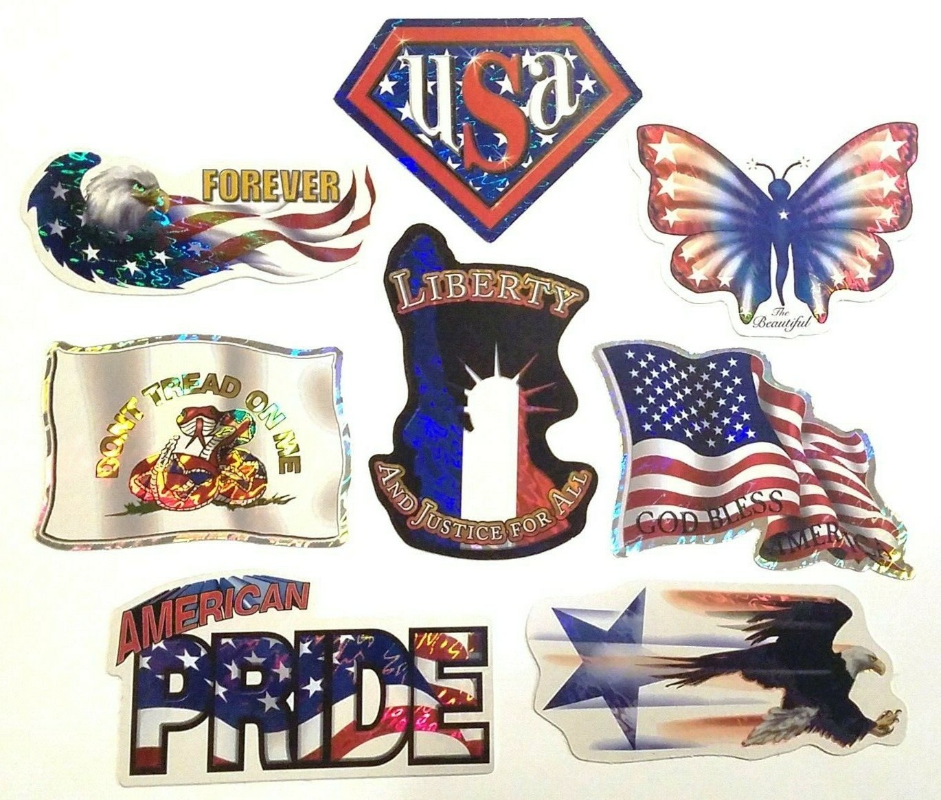 Patriotic Stars and Stripes Stickers Full Set of 8 Vending Mach Decals USA Flag