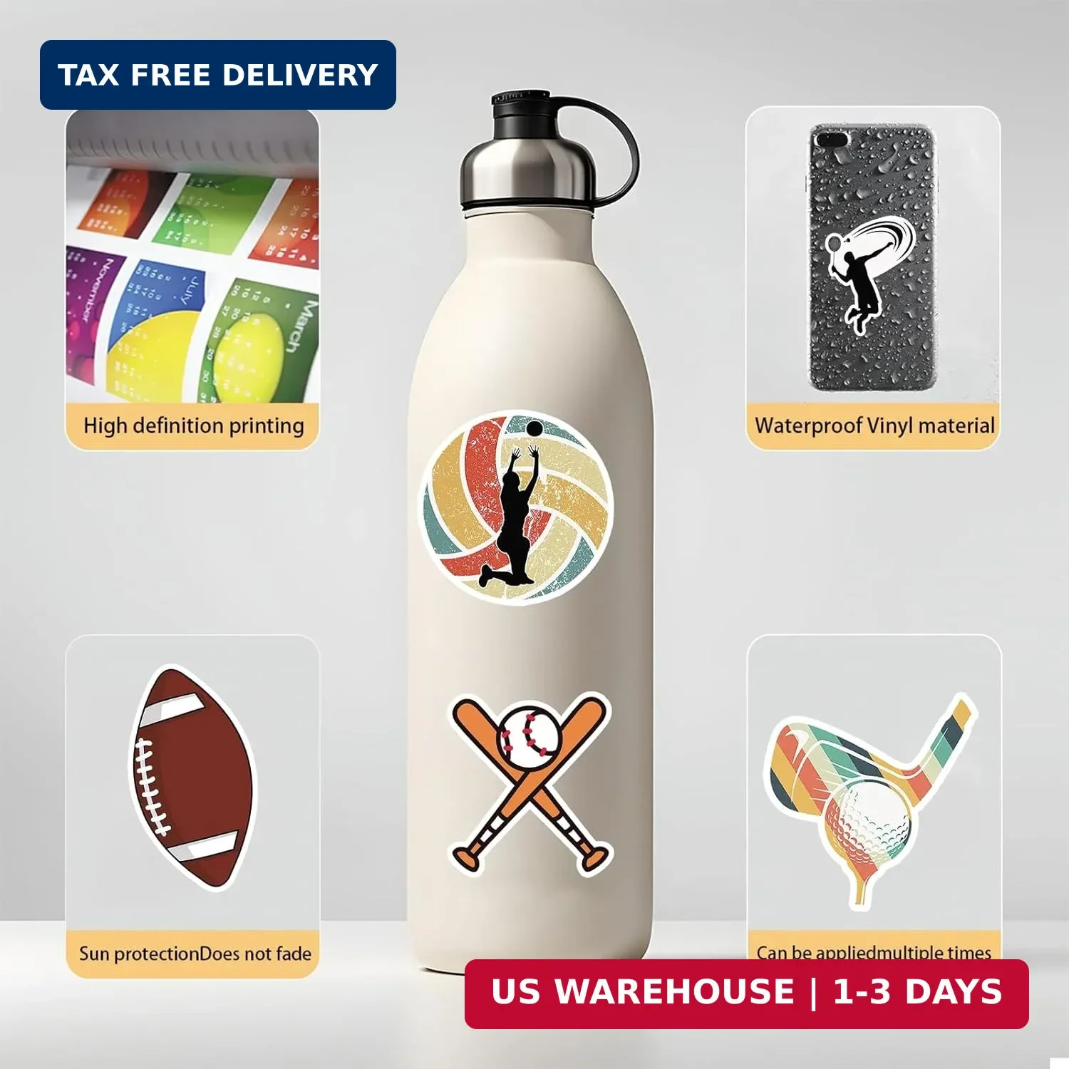 Sports Stickers 150 Pack, Vinyl Waterproof for Water Bottle, Football Soccer Bas