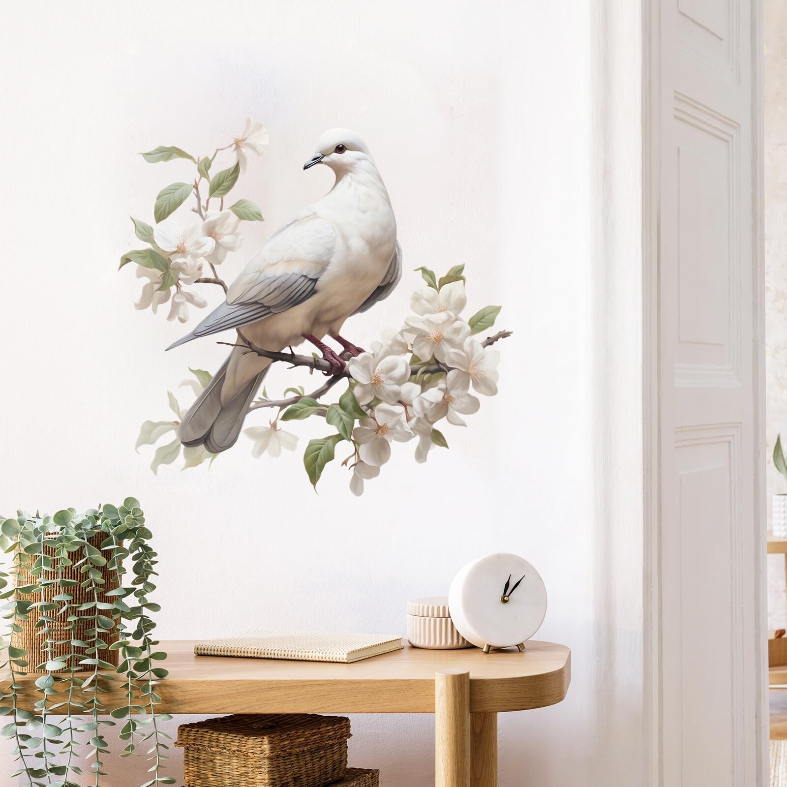 Watercolor Soaring Dove Amidst Blooming White Flowers Wall Stickers Nursery A…