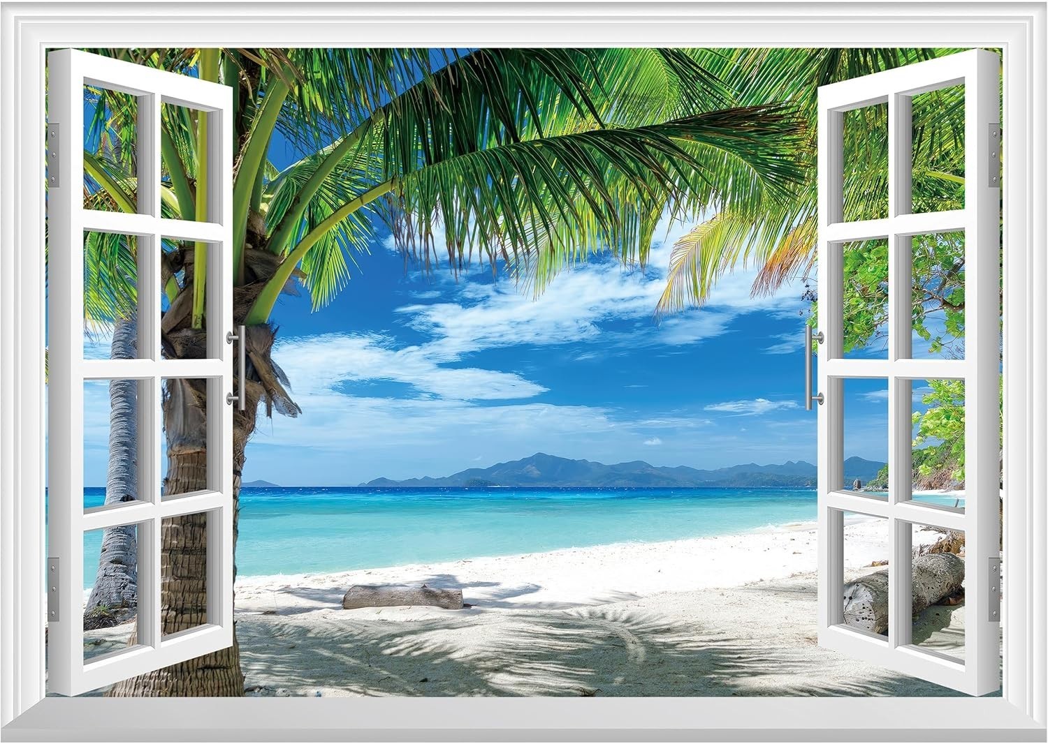 Fake Window Wall Mural – Beach Palm Trees Faux Win