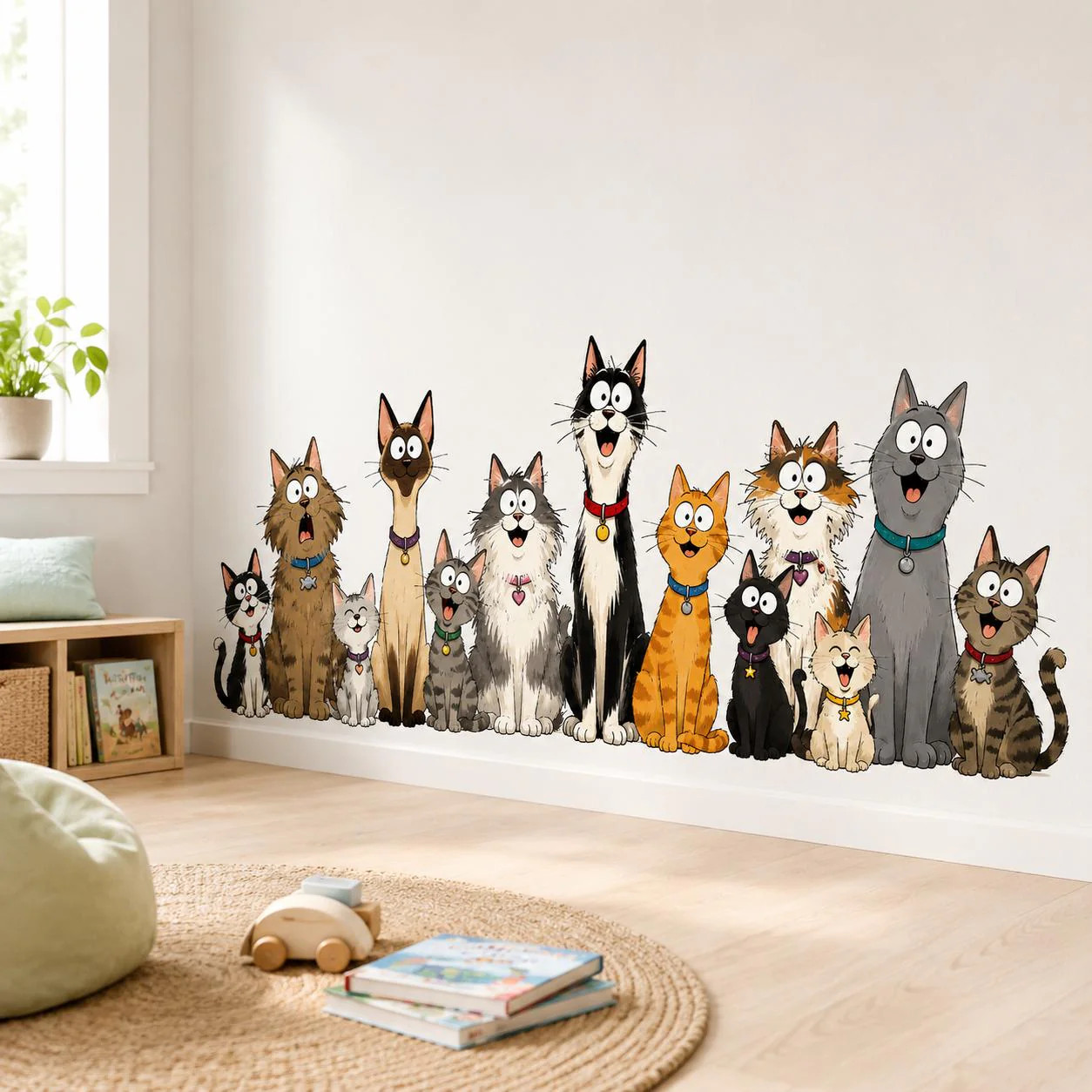 Funny Cat Group Wall Vinyl Decal | Cartoon Kittens Lineup Sticker
