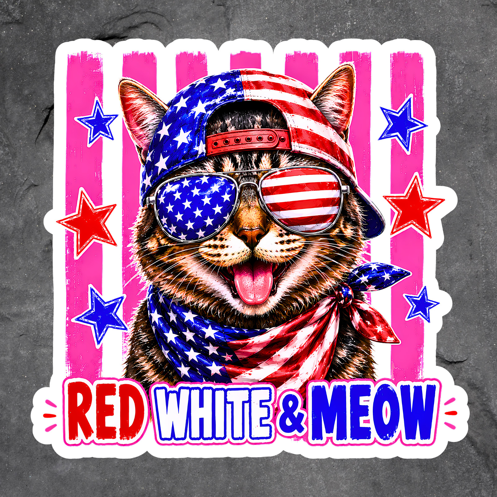 Cat Sticker Vinyl Decal Red White & Meow Funny Patriotic Fourth of July USA