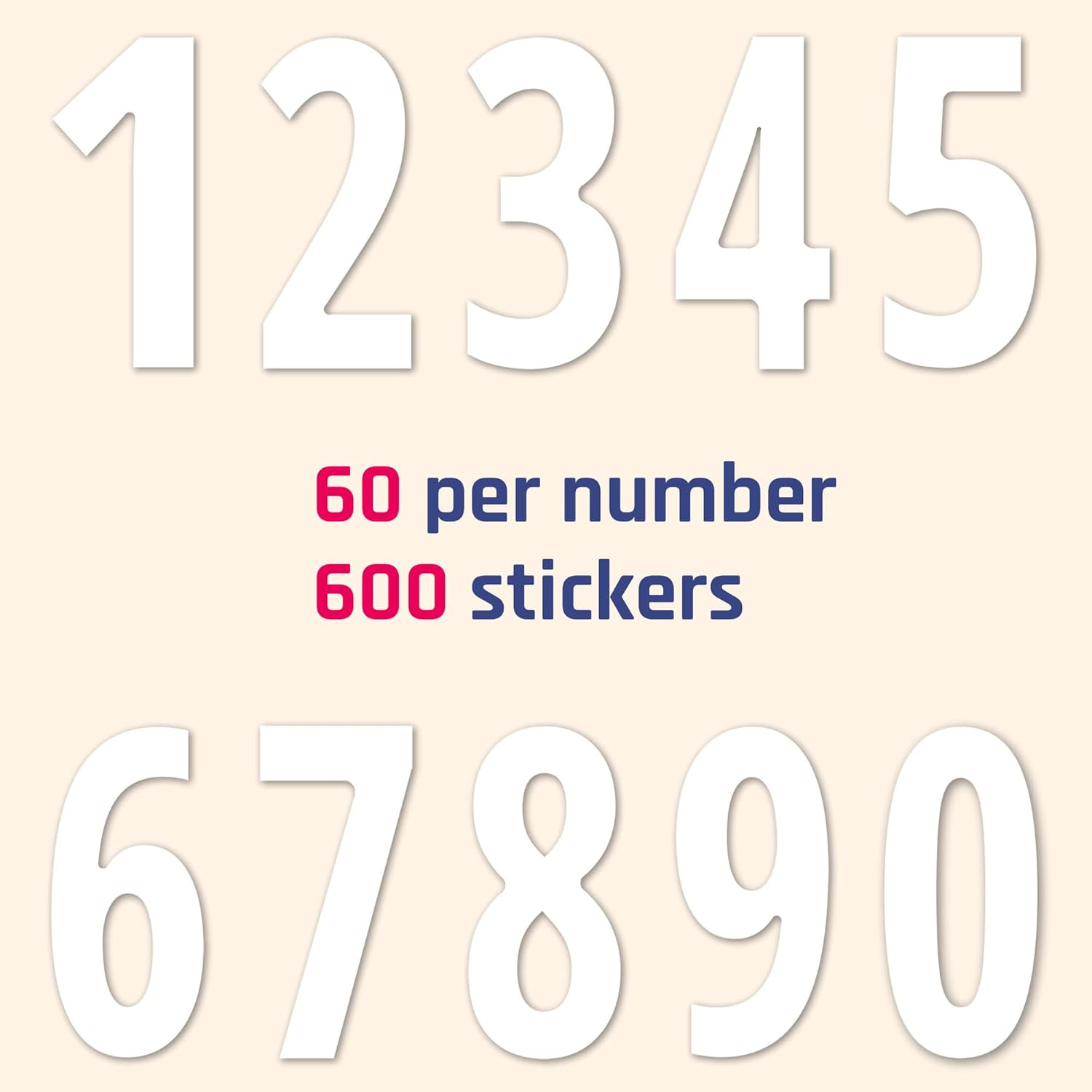 600 Pieces, 1" – Number Stickers, Waterproof Vinyl Stick on Numbers – White