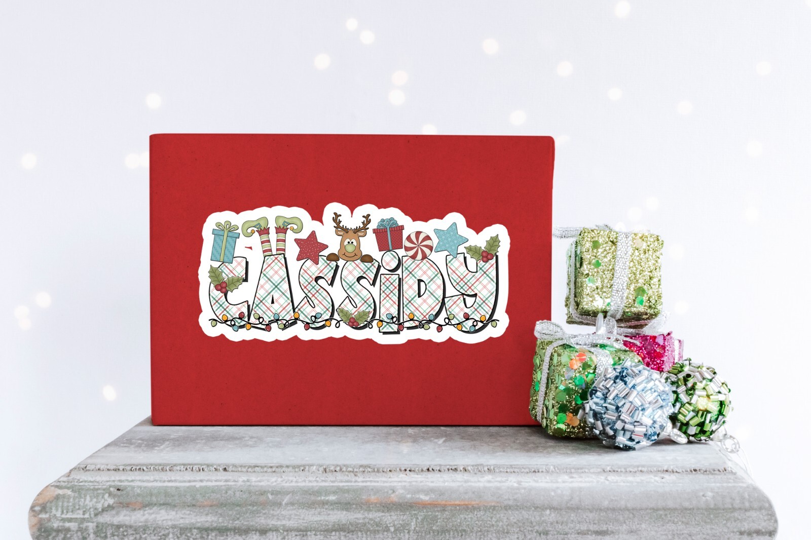 Custom Christmas Name Sticker Festive Holiday Design Gift Tag Vinyl Decal